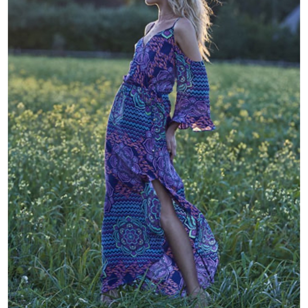 Alice & Trixie sz L Womens 100% Silk Multicolor Floral Chevron Maxi Dress Boho